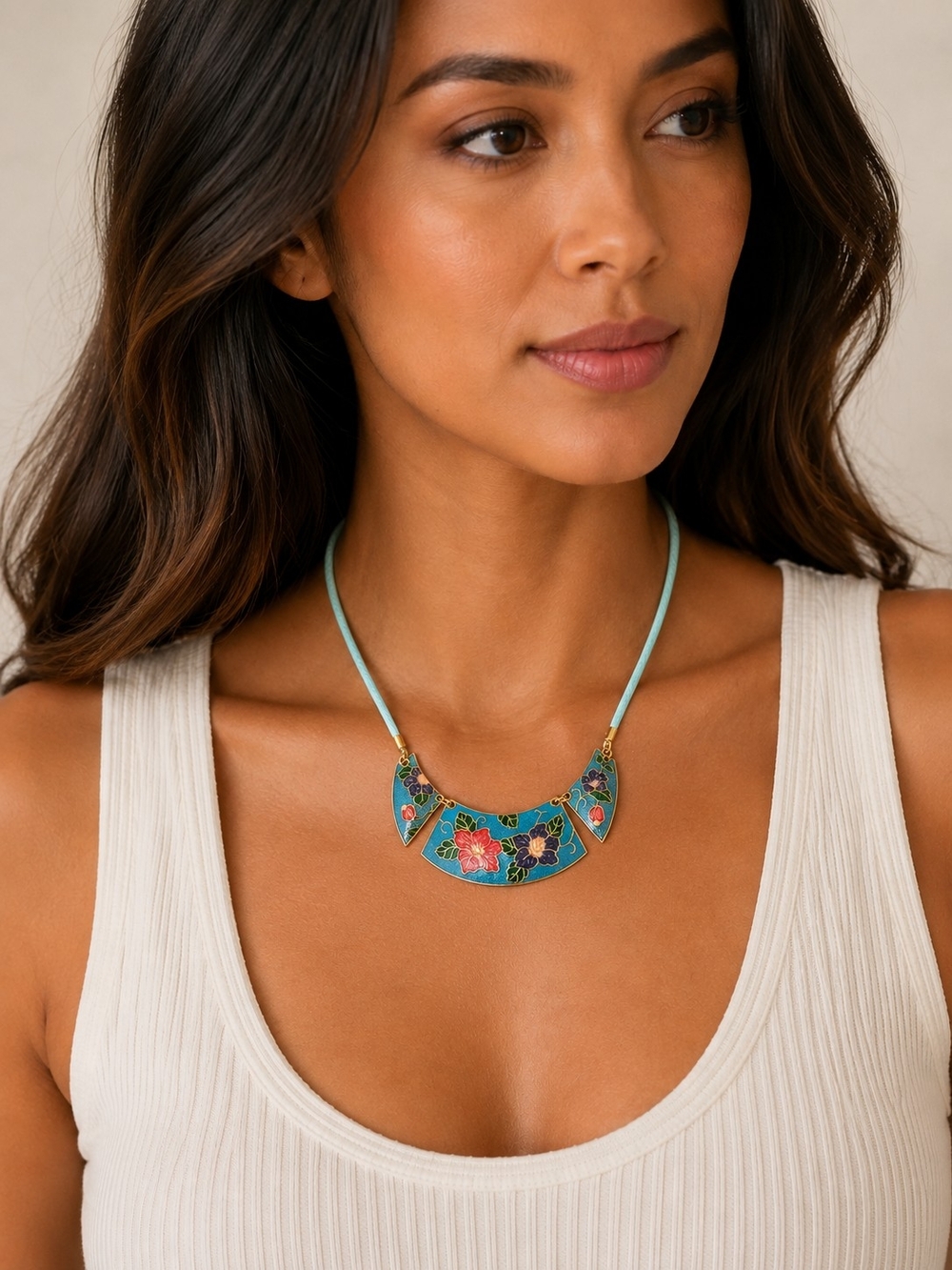 Floral Turquoise Cloisonné Bib Necklace